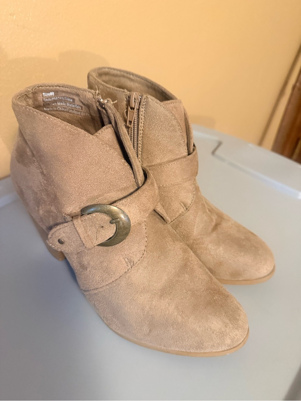 Maurices Taupe Suede Ankle Booties with Decorative Buckle